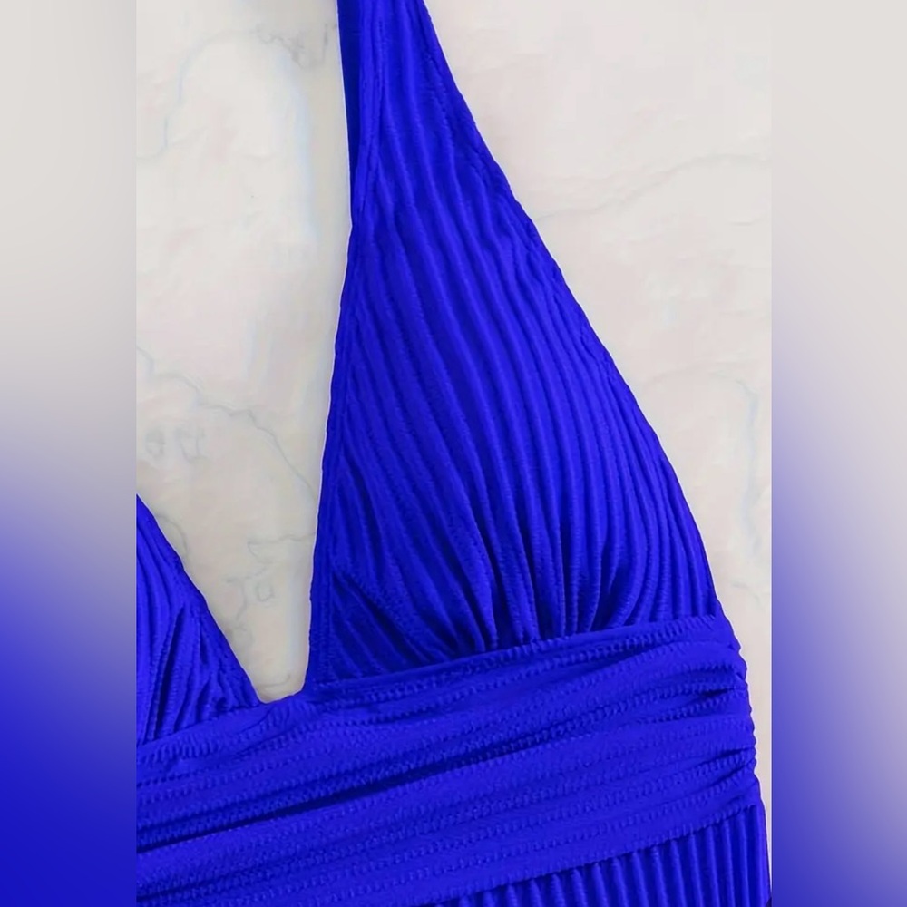 Blue V Neck Ribbed One Piece Swimsuit - Picture 5 of 9
